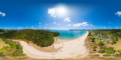 Aerial drone view, from Cooks Beach, over Mercury Bay in the Thames Coromandel region of New Zealand. Taken: Sunday, 4 February, 2024. Photography: Mike Walen / KeyImagery Photography. Copyright: © KeyImagery Photography.