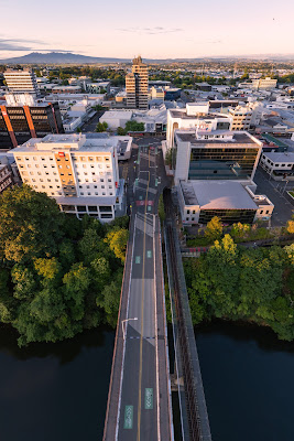 Aerial drone view, from Claudelands Bridge, over Hamilton City in the Waikato region of New Zealand. Taken: Sunday, 7 January, 2023. Photography: Mike Walen / KeyImagery Photography. Copyright: © KeyImagery Photography.