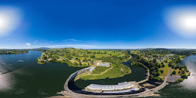 Aerial drone panoramic view, from the Karapiro Dam, over Lake Karapiro, in the Waikato region of New Zealand. Taken: Friday, 24 December 2021. Photography: Mike Walen / KeyImagery Photography. Copyright: © KeyImagery Photography.