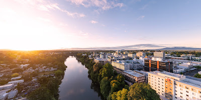 Aerial drone view, from Claudelands Bridge, over Hamilton City in the Waikato region of New Zealand. Taken: Sunday, 7 January, 2023. Photography: Mike Walen / KeyImagery Photography. Copyright: © KeyImagery Photography.