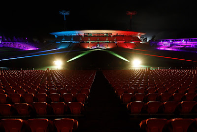 HAMILTON, NEW ZEALAND - JULY 20: The stadium lit up with unity lights during FIFA Women's World Cup 'One Year To Go' event at FMG Stadium Waikato on July 20, 2022 in Hamilton, New Zealand. (Photo by Mike Walen/Getty Images for FIFA)