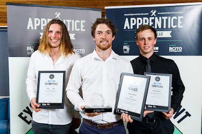 Winner Cameron Diack (centre) with second place Brodie Phillips (left) and third place Daniel Ranger (right), Registered Master Builders 2019 Bay of Plenty Central Plateau Apprentice of the Year in association with CARTERS, Friday 16 August 2019 at Tauranga Yacht and Powerboat Club. Photo: Mike Walen for Barker Photography. © Registered Master Builders.