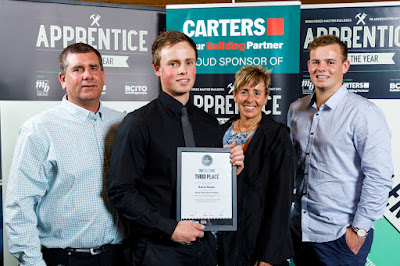 Third place Daniel Ranger, with supporters, Registered Master Builders 2019 Bay of Plenty Central Plateau Apprentice of the Year in association with CARTERS, Friday 16 August 2019 at Tauranga Yacht and Powerboat Club. Photo: Mike Walen for Barker Photography. © Registered Master Builders.