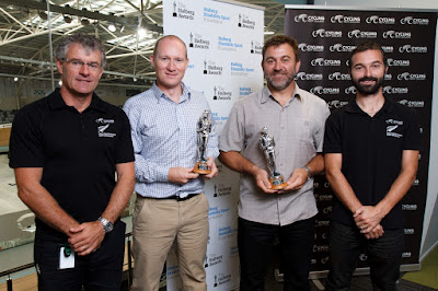 Mark Elliott, Tim Carswell (on behalf of Regan Gough), Anthony Peden and Dayle Cheatley at the Halberg Awards presentations to Anthony Peden and Regan Gough at Avantidrome, Cambridge, New Zealand, Monday 20 March 2015.  Copyright Photo: Mike Walen / www.photosport.co.nz
