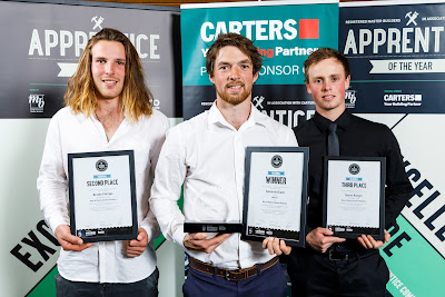 Winner Cameron Diack (centre) with second place Brodie Phillips (left) and third place Daniel Ranger (right), Registered Master Builders 2019 Bay of Plenty Central Plateau Apprentice of the Year in association with CARTERS, Friday 16 August 2019 at Tauranga Yacht and Powerboat Club. Photo: Mike Walen for Barker Photography. © Registered Master Builders.