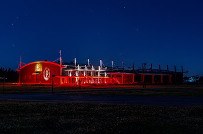 Photo of Mystery Creek Events Centre in Hamilton, New Zealand lit up red for the #WeMakeEventsNZ campaign to raise awareness for all those who work in the live event & entertainment industry, through the COVID19 global pandemic. Taken: Wednesday, 30 September 2020. Photography: Mike Walen / KeyImagery Photography. Copyright: © KeyImagery Photography.