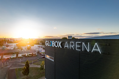 Photo of the Globox Arena Signage Installation at Claudelands Event Centre in Hamilton, Waikato, New Zealand. Taken: 14 February 2022. Photography: Mike Walen / KeyImagery Photography. Copyright: © H3 Group.