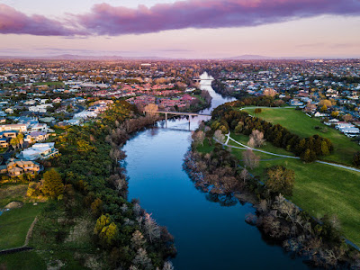 View of the  Waikato River, looking South from Flagstaff, at sunset in Hamilton City, New Zealand. Taken: Friday, 10 August 2018. Photography: Mike Walen / KeyImagery Photography. Copyright: © KeyImagery Photography.