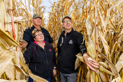 Photo from the MaizeGrain Catalogue photoshoot for Pioneer®. Featuring farmer, Kevin Wing, wife Lynette and Pioneer Rep Brent Bishop at the Wing Farm, Morrinsville, Waikato. Taken: 20 May 2020. Photo: Mike Walen / KeyImagery Photography for Barker Photography. © Genetic Technologies Ltd.