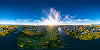 Aerial drone view, from Pukete/Flagstaff, over Hamilton City (Kirikiriroa) in the Waikato region of New Zealand. Taken: Wednesday, 31 January, 2024. Photography: Mike Walen / KeyImagery Photography. Copyright: © KeyImagery Photography.