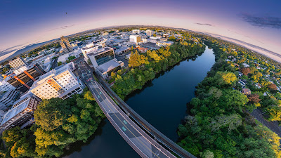 Aerial drone view, from Claudelands Bridge, over Hamilton City in the Waikato region of New Zealand. Taken: Sunday, 7 January, 2023. Photography: Mike Walen / KeyImagery Photography. Copyright: © KeyImagery Photography.