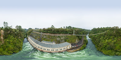 Aerial drone view, from the Arapuni Swing Bridge, over the Arapuni Dam in the Waikato region of New Zealand. Taken: Wednesday, 17 July, 2024. Photography: Mike Walen / KeyImagery Photography. Copyright: © KeyImagery Photography.